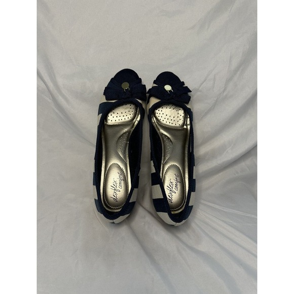 Dexflex Comfort Navy & White Stripe Shoes 7 Canvas Wedge Slip On Open Toe - Picture 4 of 5